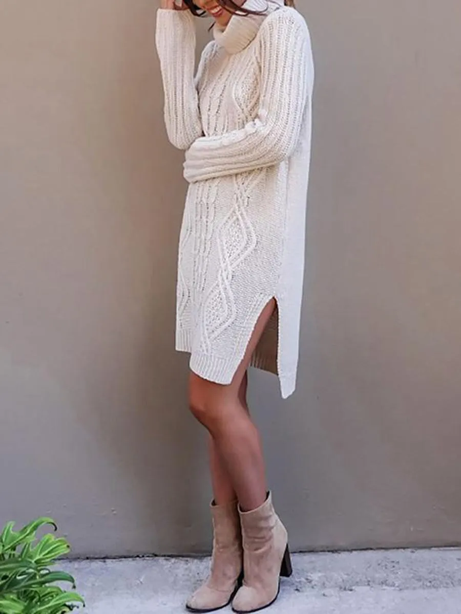 Women'S Autumn And Winter Long-Sleeved High-Neck Split Knit Dress