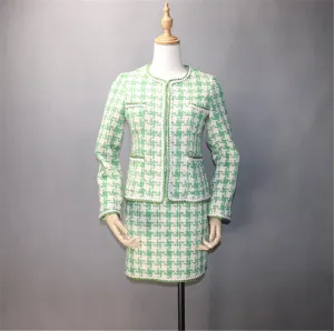 Women's Designer Inspired CUSTOM MADE Hounds tooth Tweed Jacket Coat Blazer   Skirt/ Shorts Suit Green