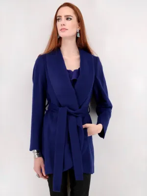 Wrap Coat with Shawl Collar in Alpaca Wool Blend - Blue
